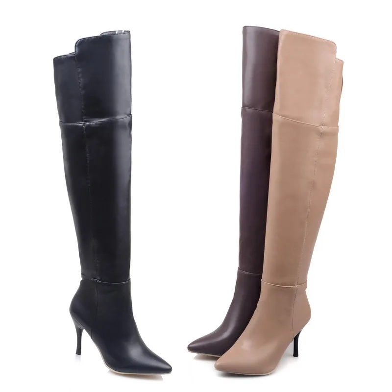 

Autumn Winter New High Pointed Stiletto Heels Solid Color Side Zip Lady Knee Boots, Black coffee ecru