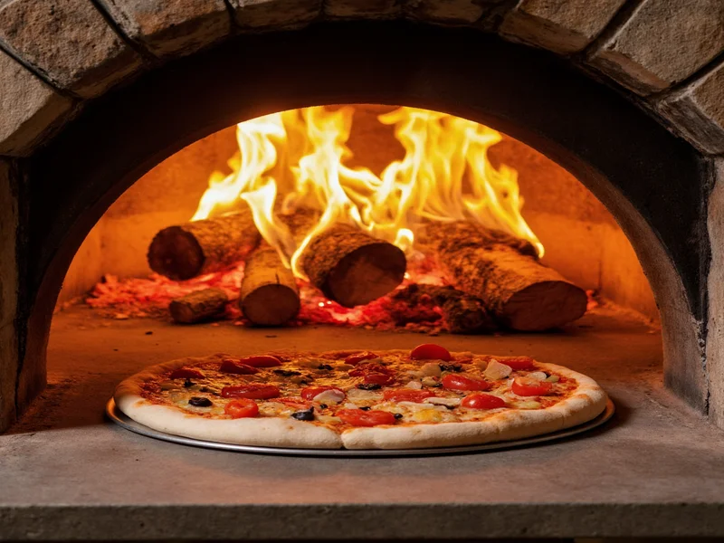 Traditional wood-fired pizza oven with oak logs