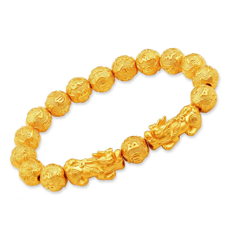 

Trendy High Quality Gold Plated Mani Mantra Beads Good Lucky Wealth Women Mens Feng Shui Golden Pixiu Bracelet Jewelry, As picture