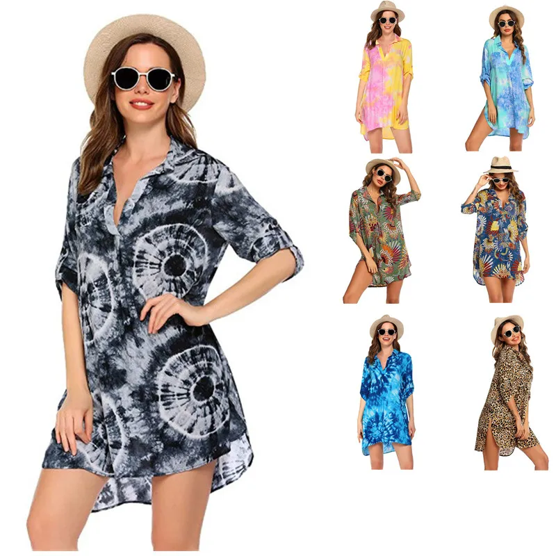 

Women Print Blouses Shirts Button Solid Loose Female Loose Casual V Neck Plus Size Summer Beach Blouses