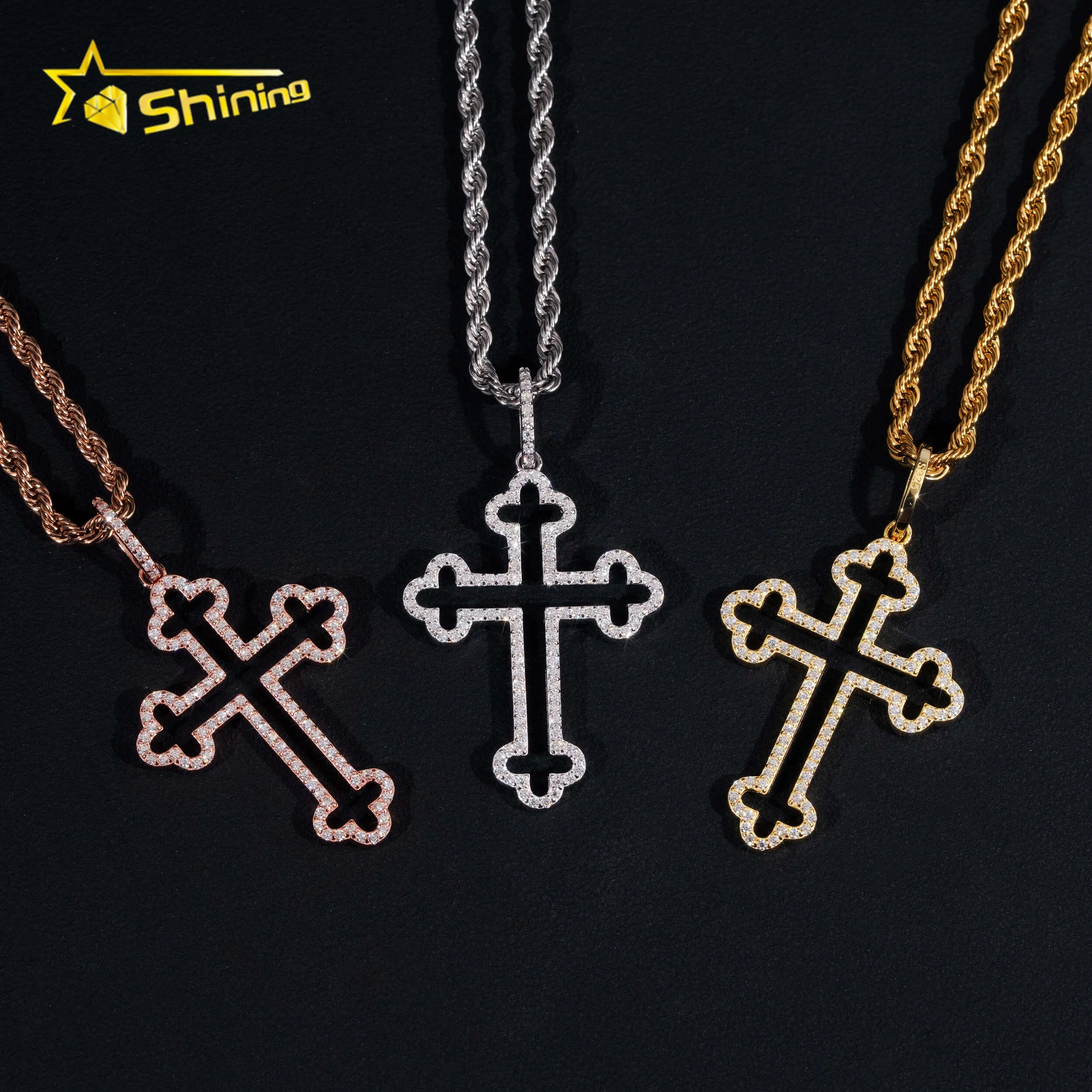 New Design Hip Hop Style Pendant Iced Out Hollow 925 Sterling Silver Moissanite Cross Pendants