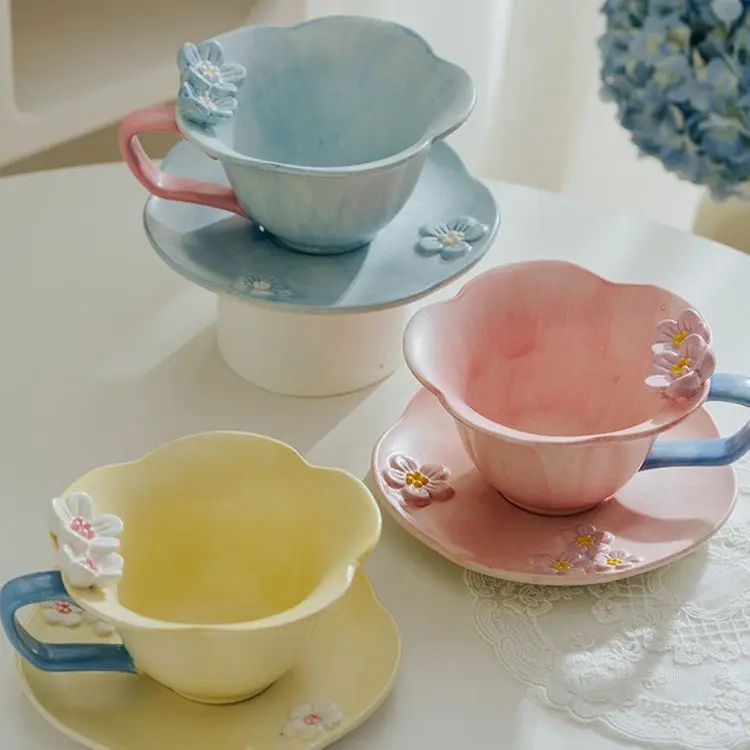 Wholesale New Creative 3D Flower Cute Ceramic Coffee Mug Custom Korean Style Embossed Tea Cup Milk Porcelain Mugs with Saucers