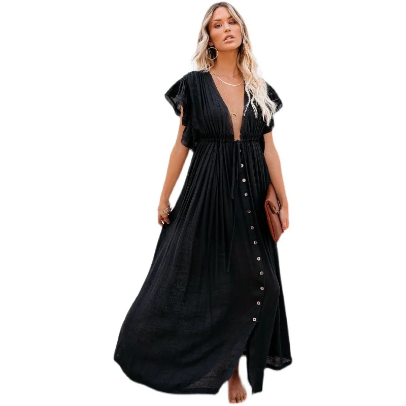 

2021 News Women Design Bamboo Button Waist Drawstring Maxi Dress One Piece Sunscreen Beach Smock Casual Dress