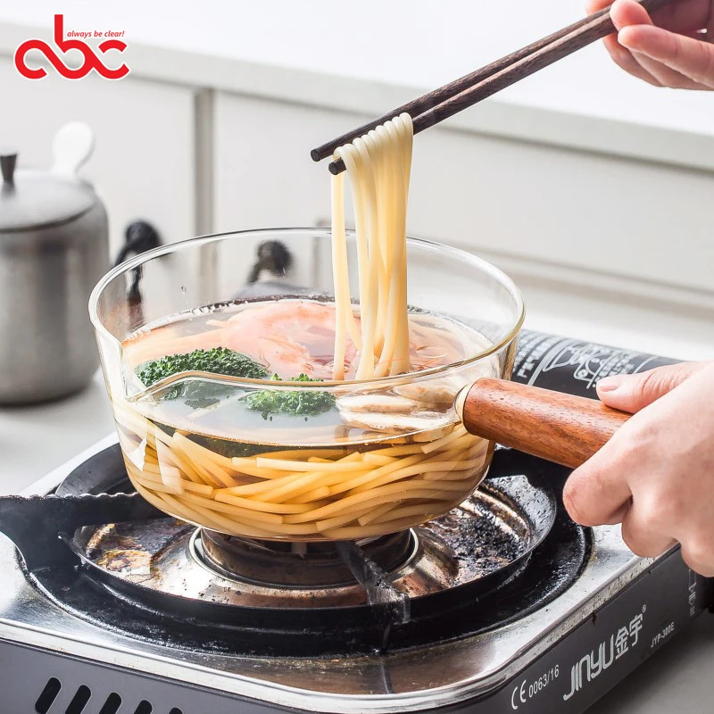 

400ml 600ml Heat Resistant Borosilicate Glass Milk Boiling Heating Warmer Pot With Acacia Wooden Handle, Transparent