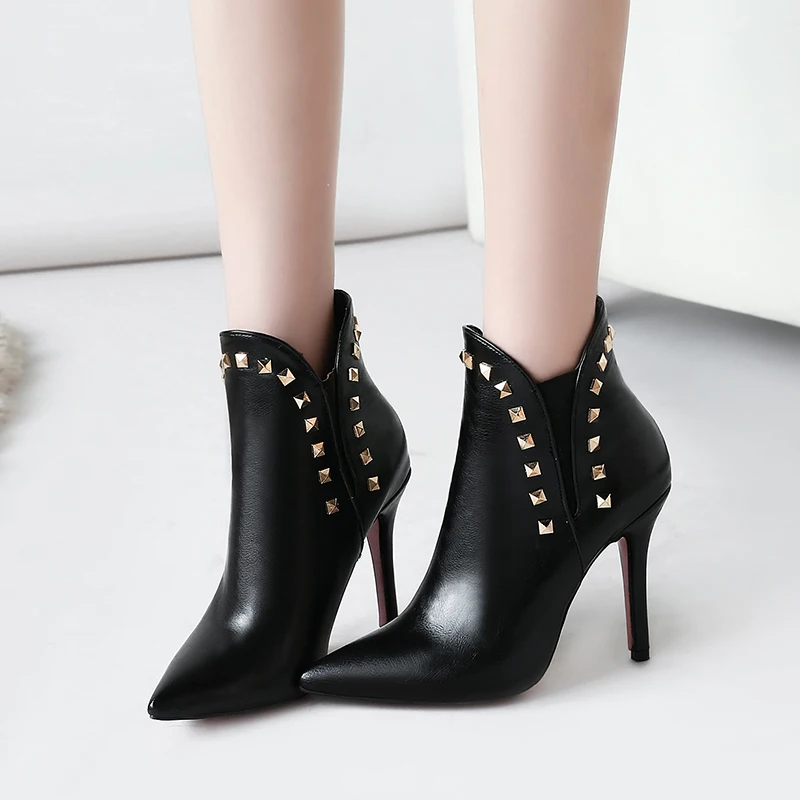 

Black Ankle Boots Women Pointed Toe Rivets High Heel Winter Boots, Red/white/black
