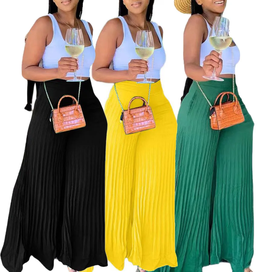 

Summer Women Casual Solid Color Women'S Pants Pleated Wide Leg Pants For Women