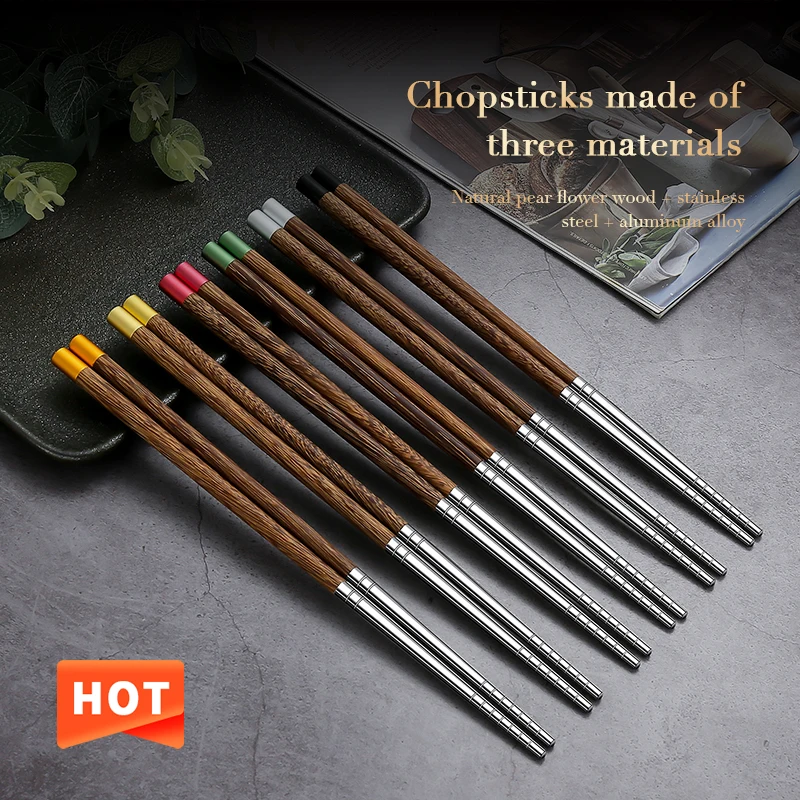 

Food Grade Stainless Steel Wood Handle Cutlery Chopsticks Reusable Bamboo Chopsticks Set, Brown.sliver