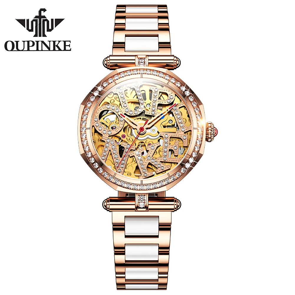

OUPINKE Mechanical Ceramics Rhinestone Date Watches Luxury Bracelet Waterproof Wristwatch Elegant Automatic Women Watch