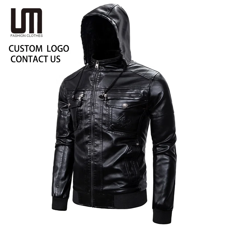 Liu Ming Wholesale Winter Mens PU Faux Leather Bomber Biker Jacket With Hood