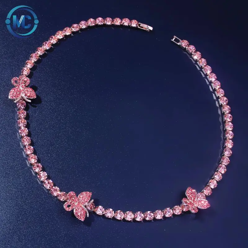 

2021 Pink Rhinestone Butterfly Necklace 6MM Crystal Zircon Charm necklace