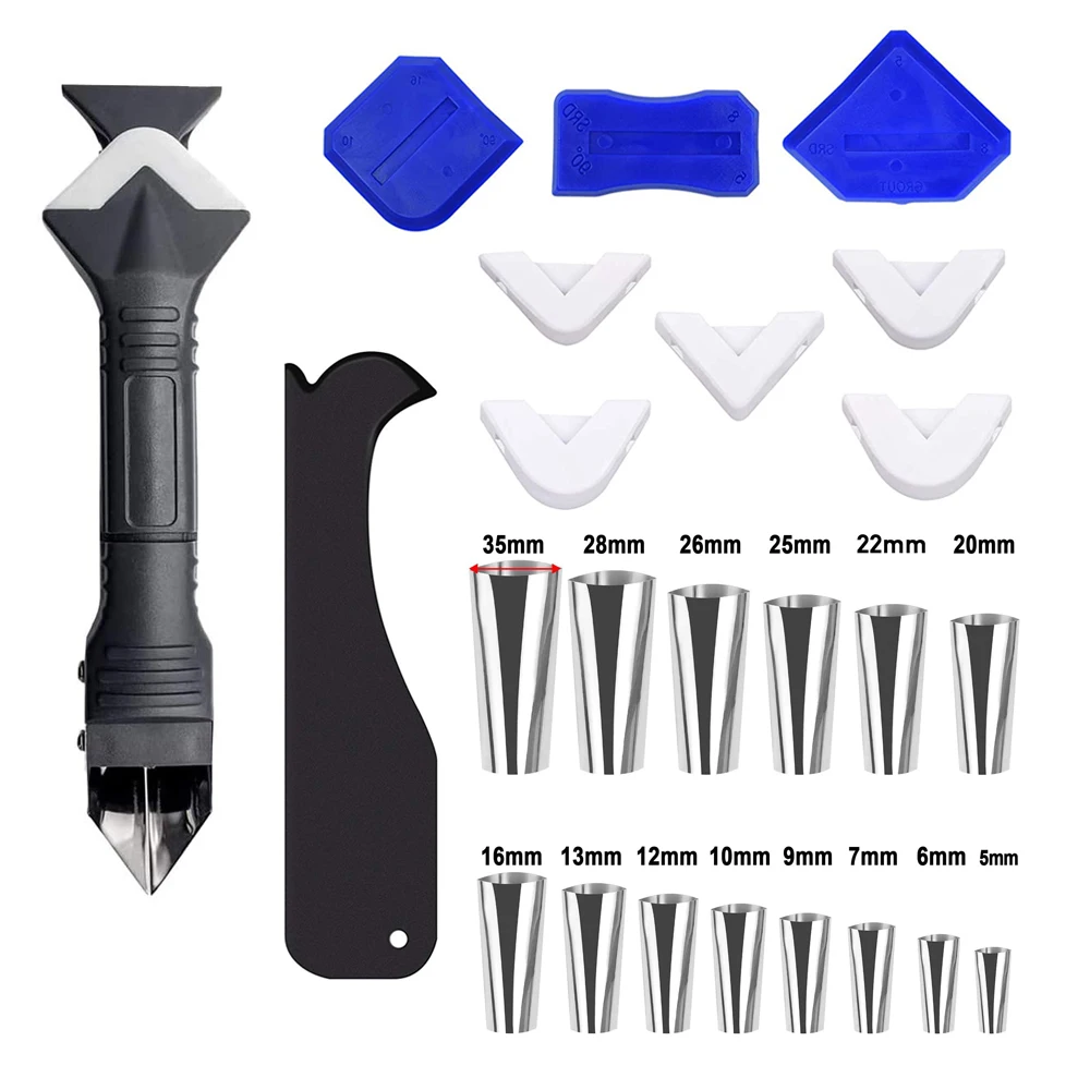 

Caulking Tools Kit 25 PCS Upgrade Caulking Scraper Finisher Tools Set 14 PCS Stainless Steel Sealant Caulk Nozzle Kit, Silver,black,blue