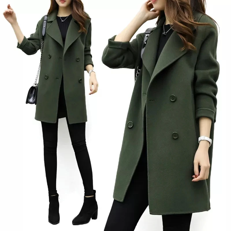 

S-3XL Coat Women Autumn Winter Jackets Solid Color Lapel Double-breasted Woolen Midi Trench Coat Loose Long Sleeve Jacket Warm