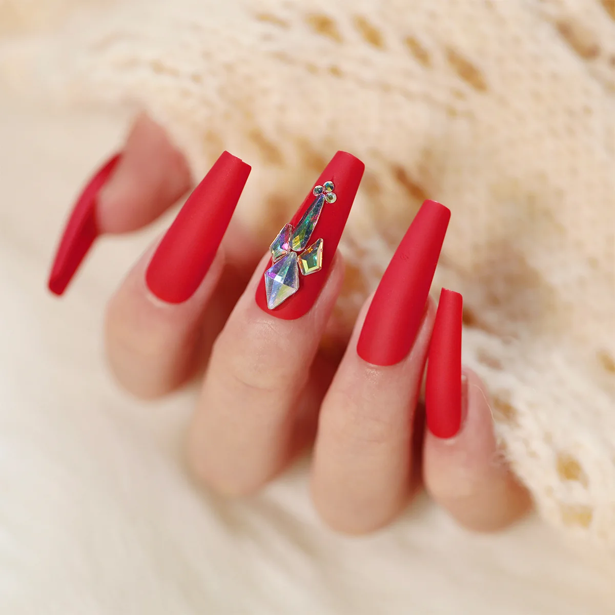 

2022 Adiyat Hot Sale Ebay 24Pcs Valentine Matte Red Fake Nails Tips with Rhinestones Full Long Coffin Press On Nails For Women