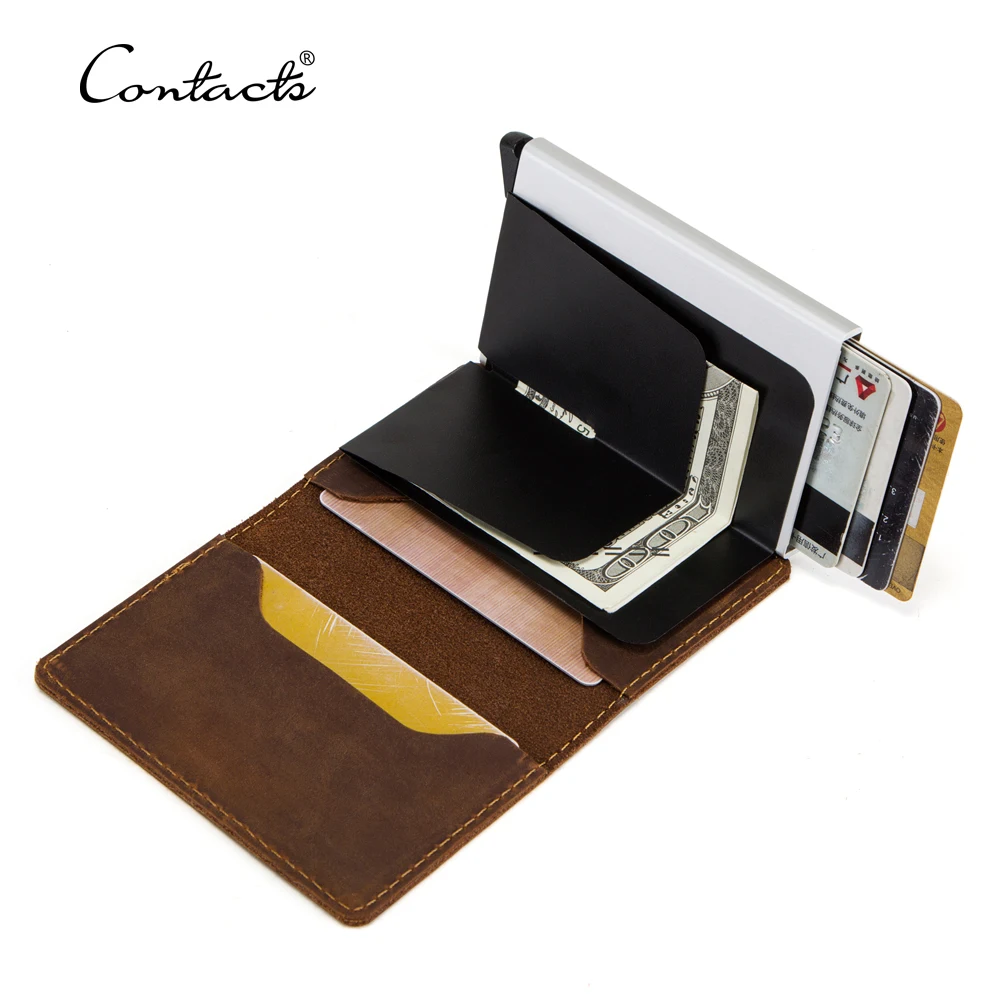 

contact's wholesale custom vintage nubuck leather folding anti theft rfid blocking auto pop-up aluminum card holder with elastic, Brown or customizable