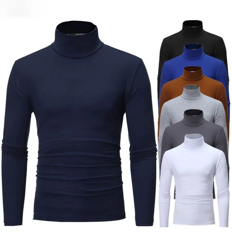 

New Men's Turtleneck T Shirts Slim Fit Long Sleeve T Shirts Solid Color Black White Men tshirt Tops