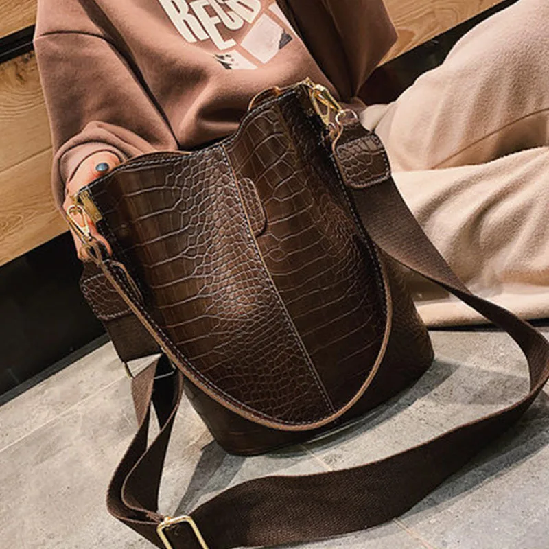 

2021 fashion crocodile pattern women hand bag ladies shoulder bucket handbags vintage pu leather female tote bags, 5colors