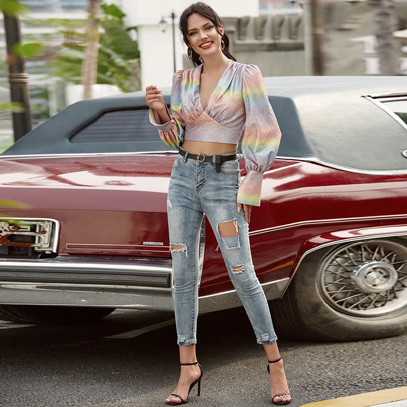 

Weixin Double Crazy Rainbow Deep V Neck Fashion Design Summer Casual Sexy Crop Top