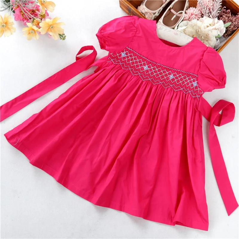 

C1365 summer embroidery pink flower girls' dresses baby smocked outfit handmade cotton kids clothing children clothes wholesale