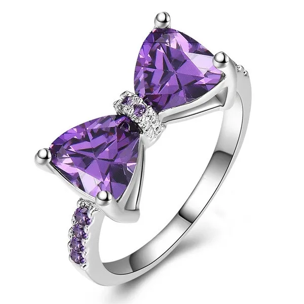 

Manufacturer direct sale New Design KYRA0754 CZ Ring Platinum Plated Purple Bowknot Shape 3A Zircon Ring for Girl women, Silver