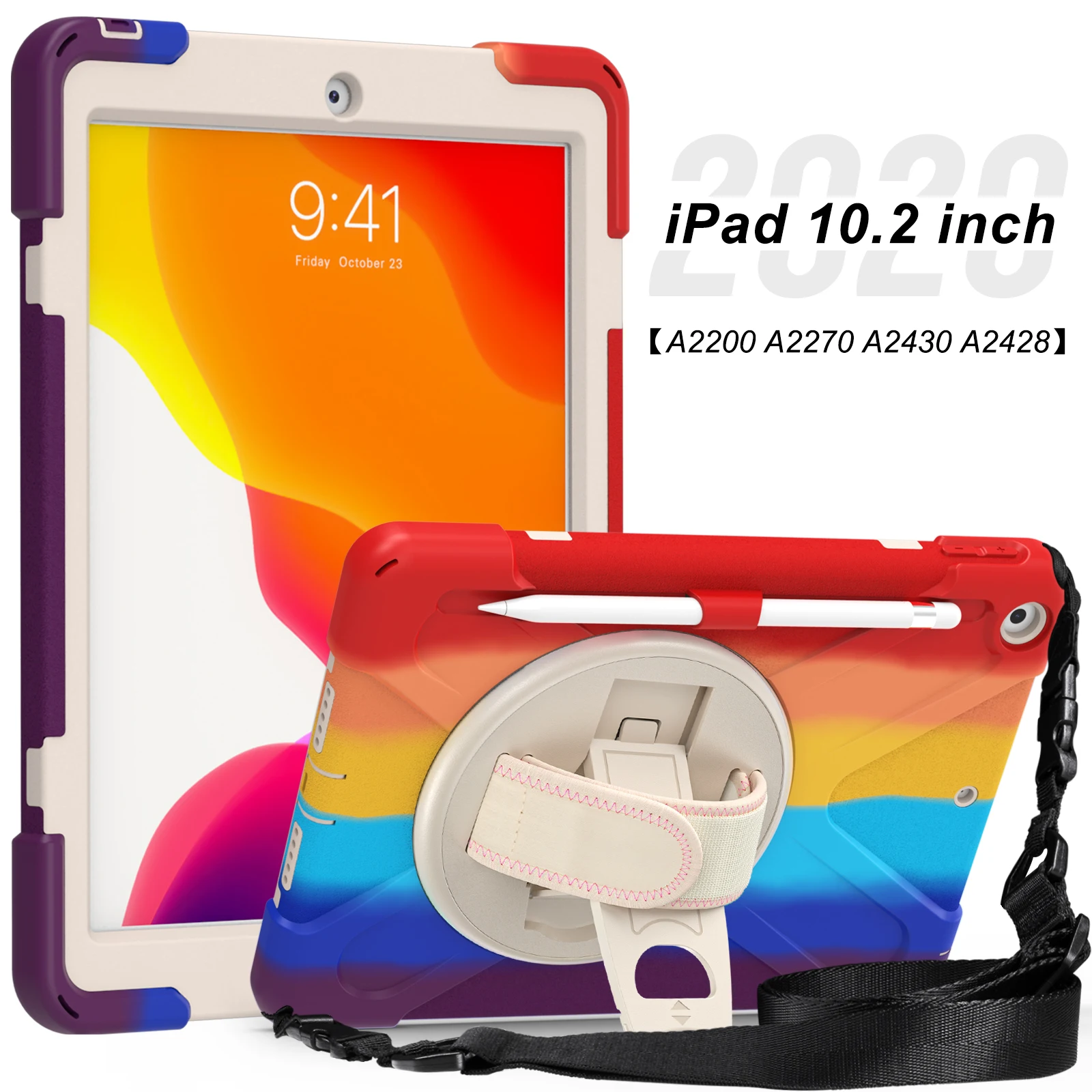 

Rainbow Colorful Case For iPad Air 4 10.9 2020/ Pro 11 2018/2020/2021 Hand Shoulder Strap Cover Pencil Holder Stand Talbet Cover