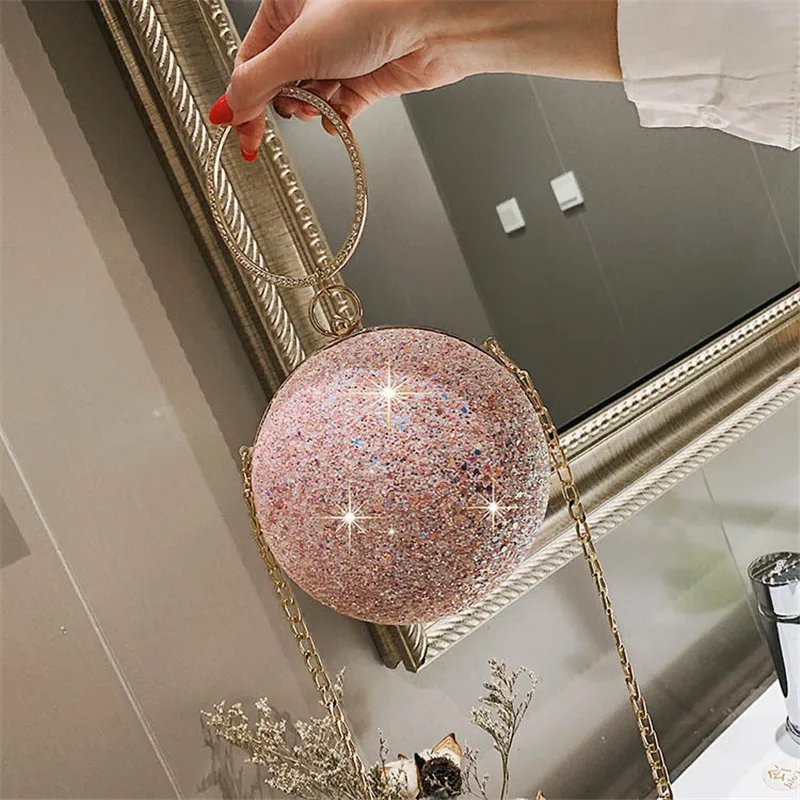 

Fashion luxury circle round shoulder crossbody bag sequins clutches wedding crystal evening handbags chain ball purse, 4colors