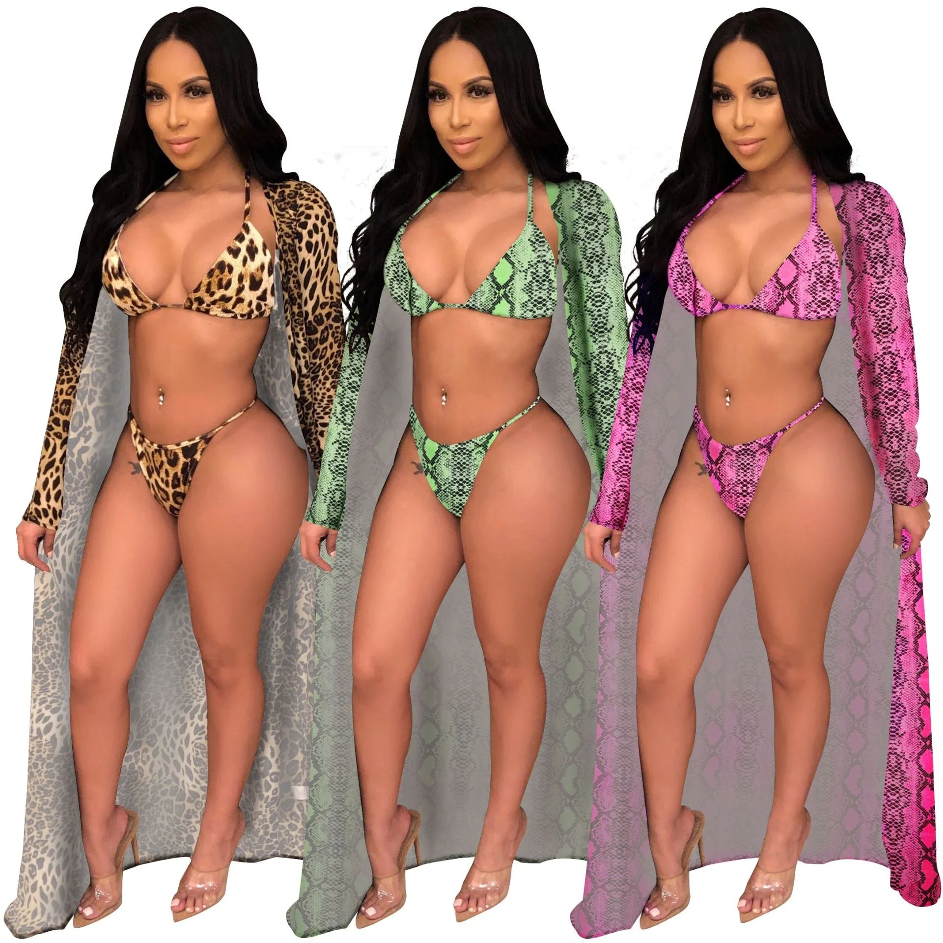 

M8321 Popular Animal Print Bathing Suits 3 Pieces Plus Size Swimsuit Triangle Top Kimono Beachwear