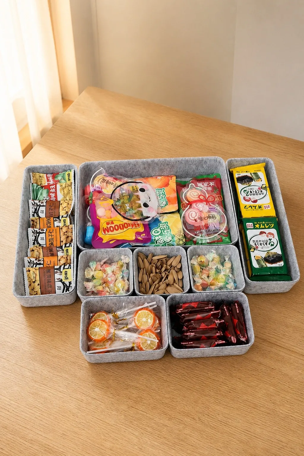 Felt organizer bins for snacks and practical daily use