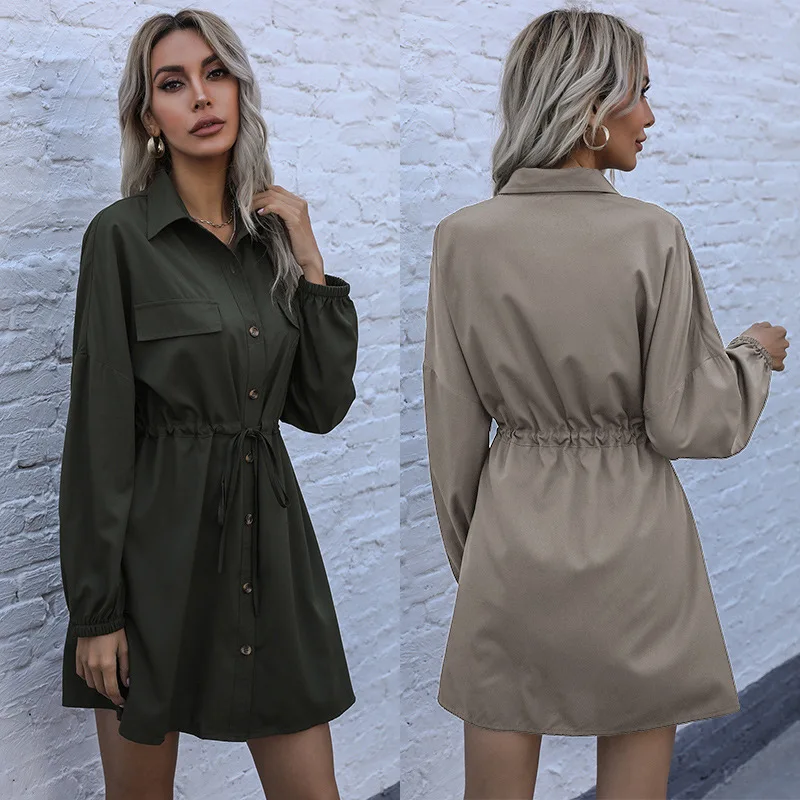 

2021spring Bodycon dress Women Fashion Self Cultivation Casual Solid Color High Waist Cardigan Dress long sleeved mini dress