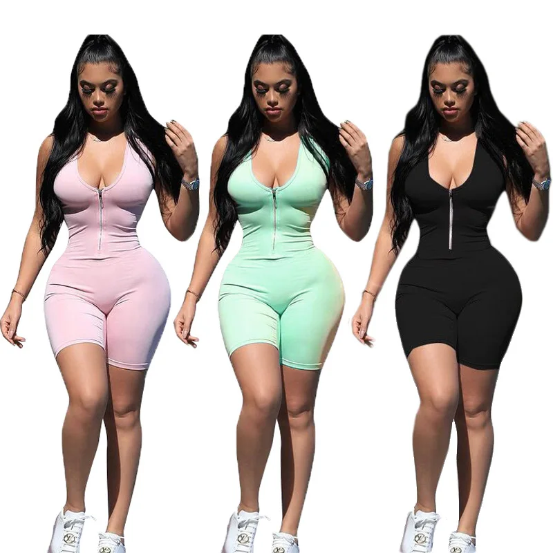

DUODUOCOLOR Leisure fashion zipper low collar solid color women jumpsuits sleeveless bodysuit 2021 D98066