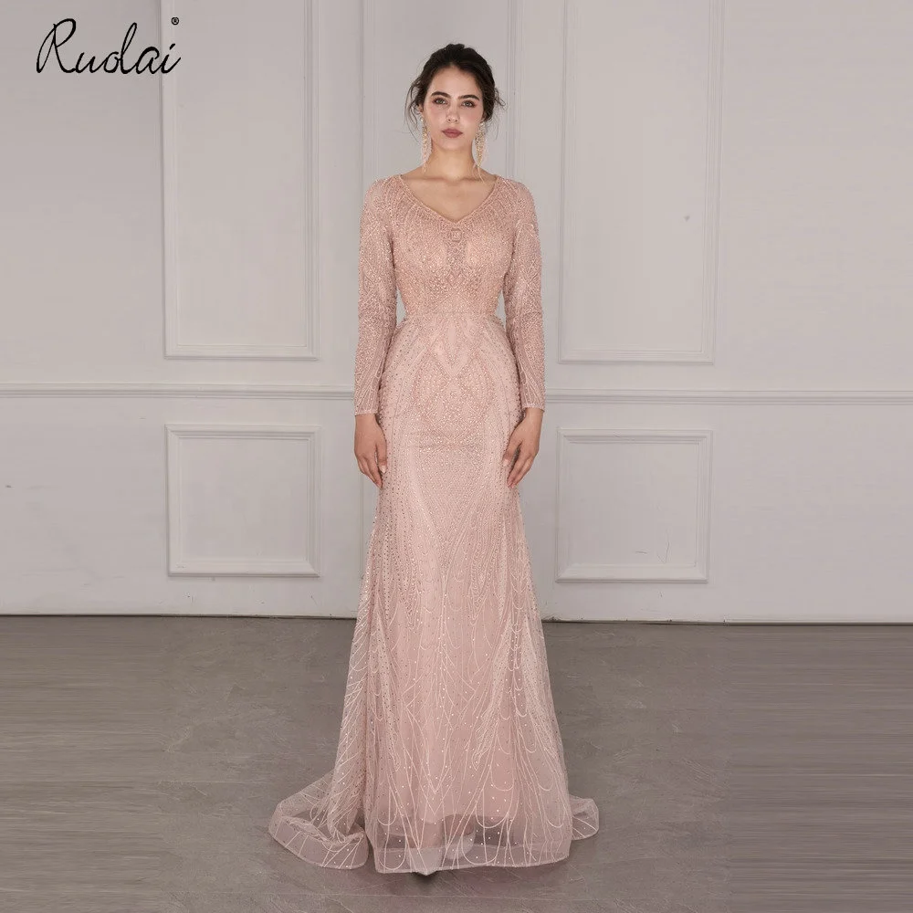 

ASA-0189 Shining V Neck Long Sleeves Beaded Prom Dresses Sweep Train Mermaid Party Dress, As picture