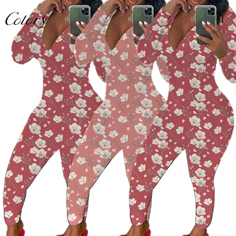 

Colory Silk Pajamas Women Print Logo Lady Jumpsuit With Flower, Picture shows