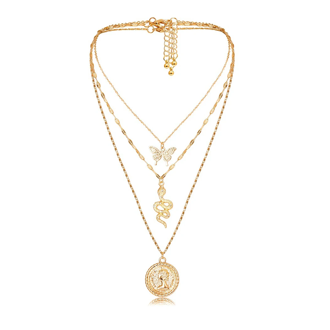 

New bohemian ethnic style coin butterfly snake three Layered pendant necklace simple alloy necklace, Gold,silver