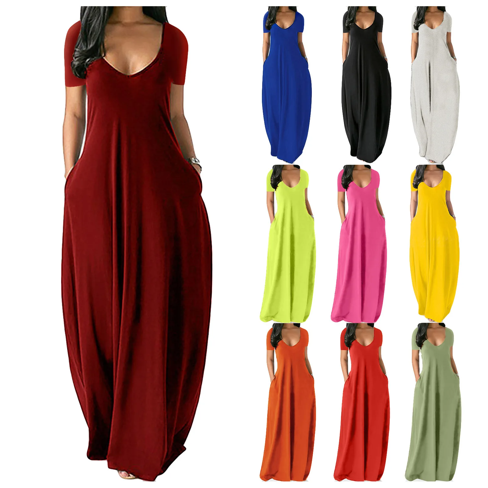 

Newest Design lady dress summer casual elegant Short sleeve V-neck Loose Pockets Ladies Solid Color Long Casual Maxi Dresses
