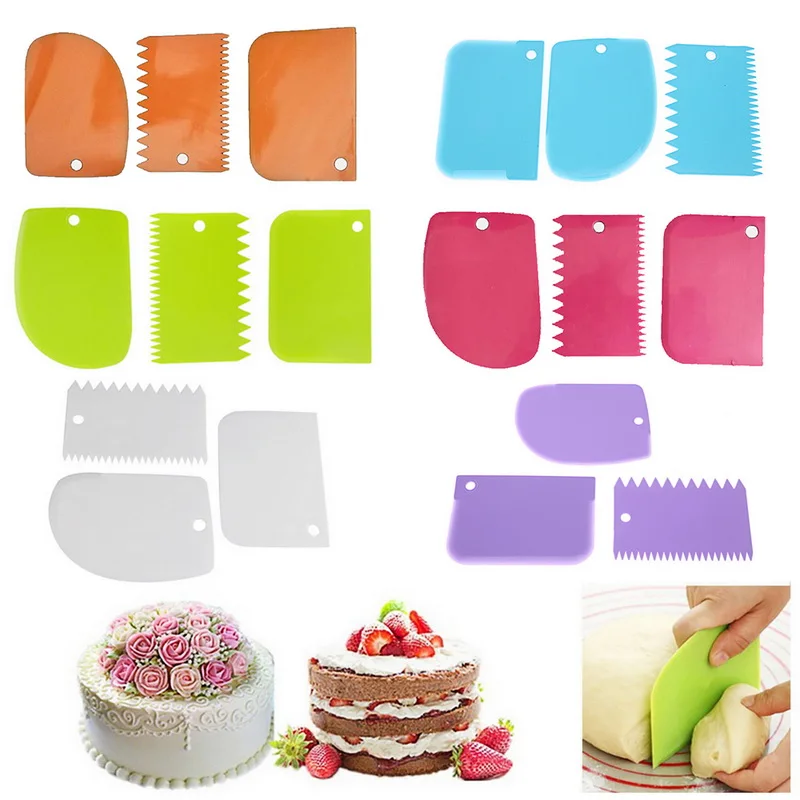 

3Pcs/Set Plastic Cake Scraper Dough Fondant Scraper Cake Decorating Plain Smooth Jagged Clear bowls Smooth Icing Versatile Funct, Purple,sky blue,white,rose pink,orange,green