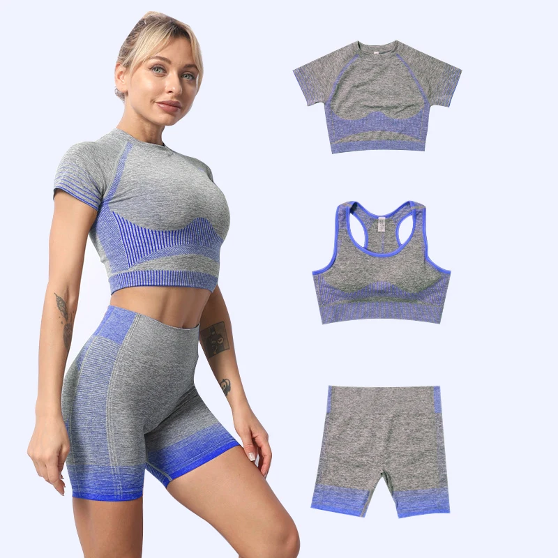 

3 Piece Compression Workout Set Ladies Fitness Gym Wear Active Wear Athletic Yoga Shorts and Bra Yoga Summer Set