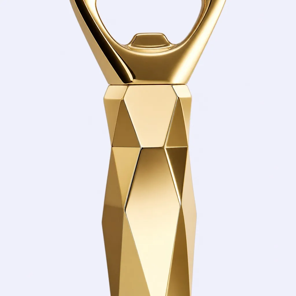 Close-up detail of the polished faceted handle of the bottle opener
