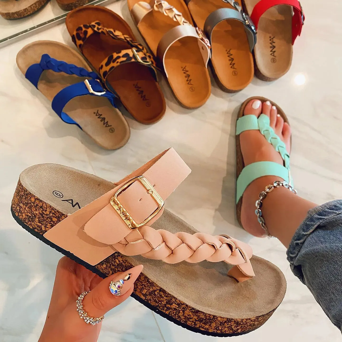 

New Style Slipper Shoes Women Pu Leather Buckle Double Strap Slides Slippers EVA Sole Cork Beach Sandals Flip-Flops Slippers