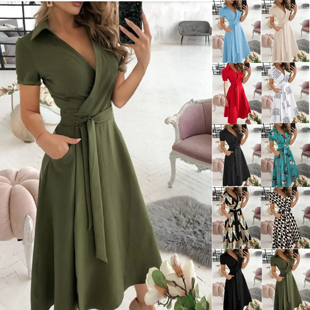

Wholesale 2022 fashion sexy ladies V-Neck short sleeve printed Women maxi Dresses (ST21033), Picture