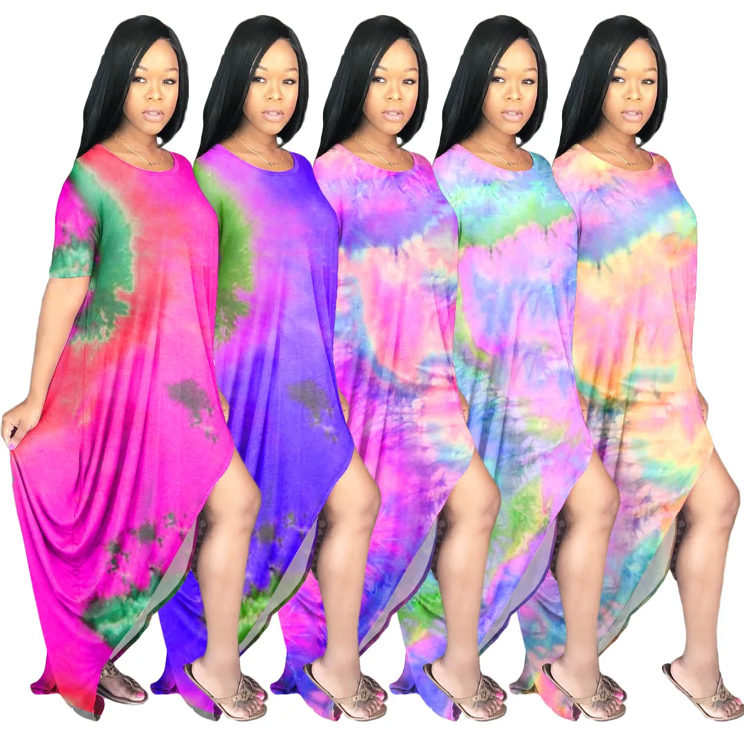 

FM-Q7022 Women's colorful tie-dye loose multi-color dress 2020  plus size elegant women casual dress, As picture shown