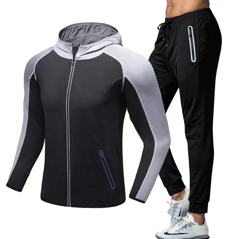 

Gym Activewear Men Patchwork Muscle Hoodie Zipper Sweatsuit Top Pants Sets Sports Suit Tracksuit, Colored or customized colors