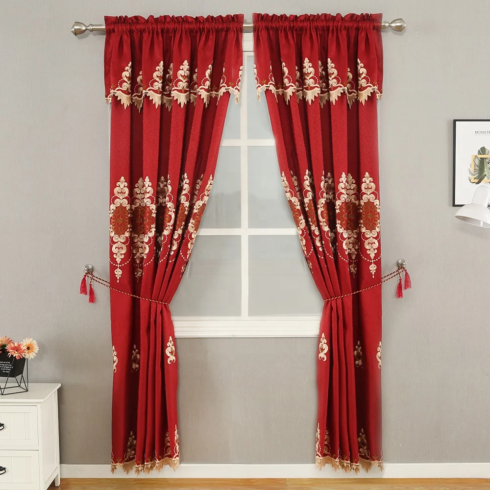 

2020 Newest European Red Embroidery Curtain With Valance For Living Room