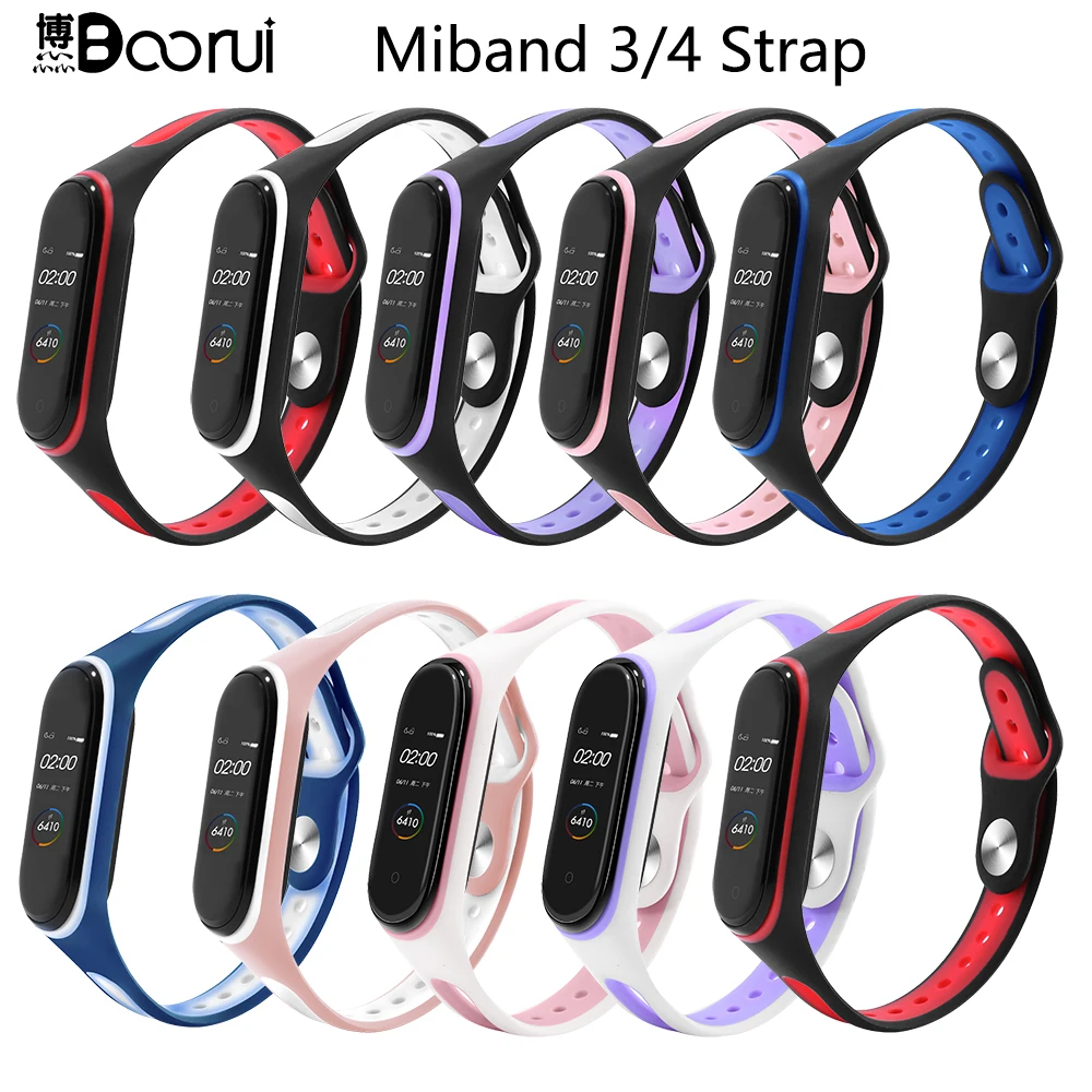 

BOORUI Newest Soft Silicone band for xiaomi mi band 3 4 strap U-shaped breathable wristband replacement strap for mi band 4 3, Black with red,black with blue,white with pink