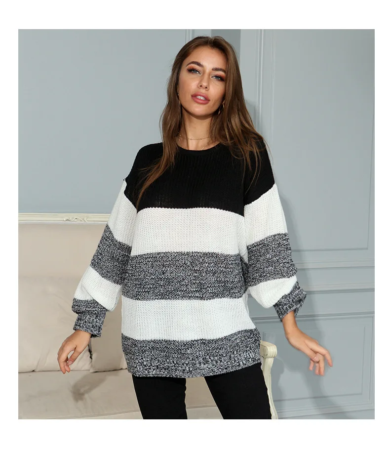 

Plus Size Woman Clothing Crew Neck Pullover Sweaters Thin Twist Short Waist Large V-Neck Long-Sleeved Knitted Sweater Women, Black and white