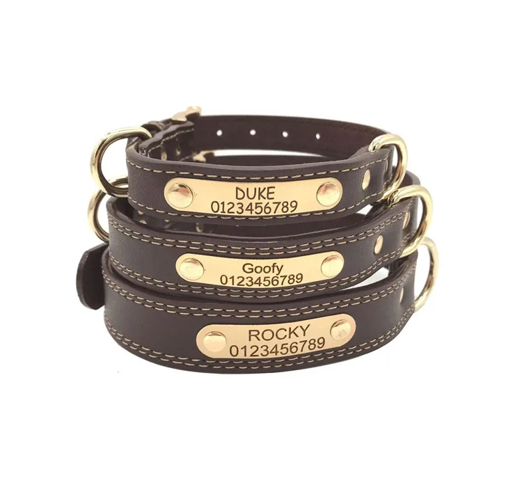 

Top rated Lorewin LYLC040203 Personalized Leather Pet Dog collar with ID Tags Custom Name Plate Charms Necklace for all dogs, Black, brown