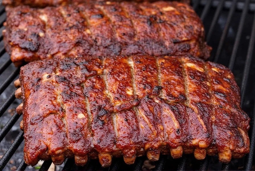 Platter of finished St. Louis ribs served with sauce