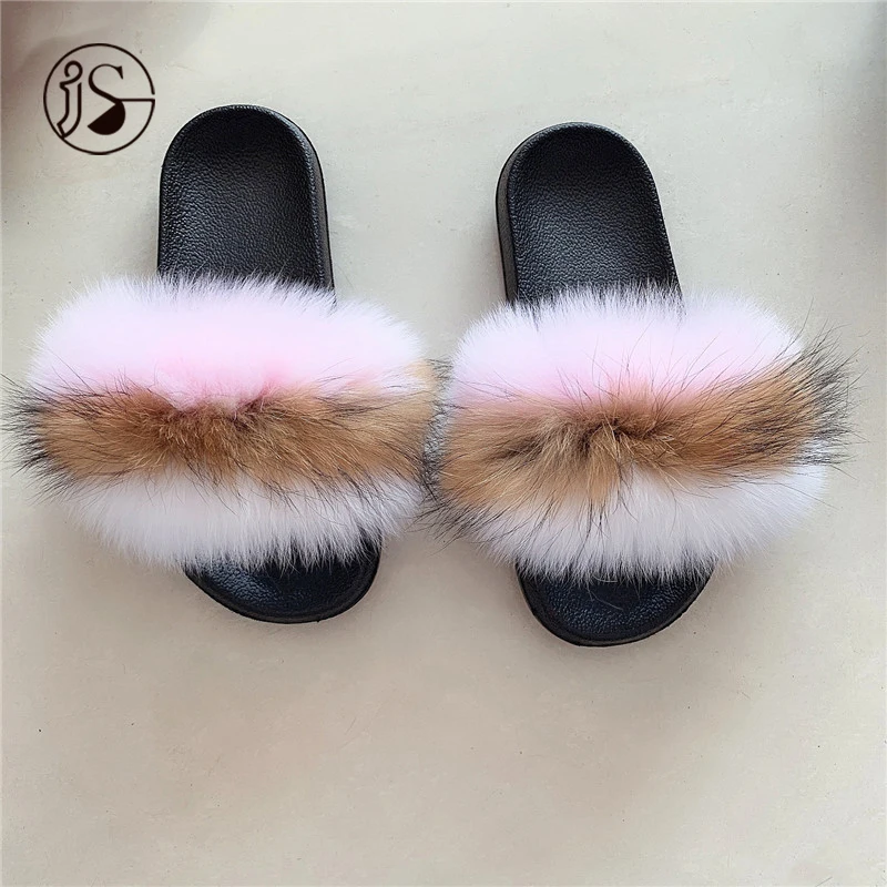 

2021 Competitive Various Styles fur slippers comfy Exquisite outdoor slides for women 100% Real Fox Colorful furry slides, Picture