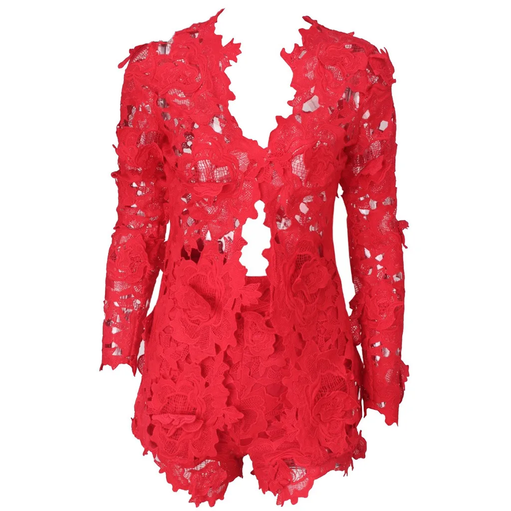 

Ready to ship OEM ODM Wholesale lace long-sleeved pants short suit 4-color nightclub