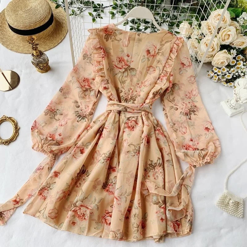 

Ladies Summer Casual Floral Print Long Sleeve V-neck Ruffles Mini Dress