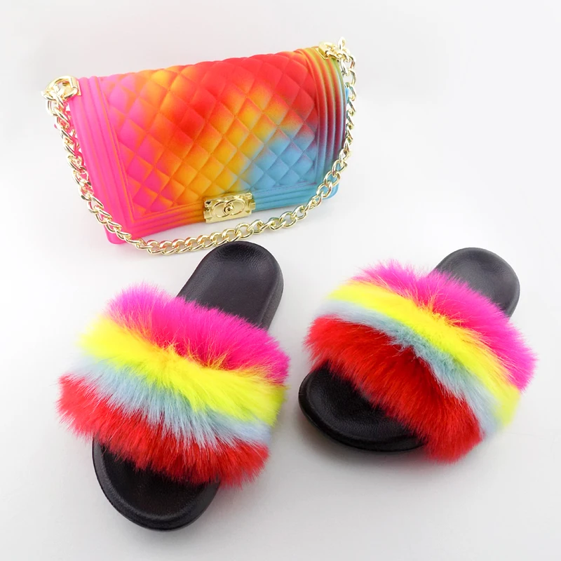 

wholesale latest ladies jelly crossbody hand bag shoes fluffy fox fur slippers, As pictures or oem