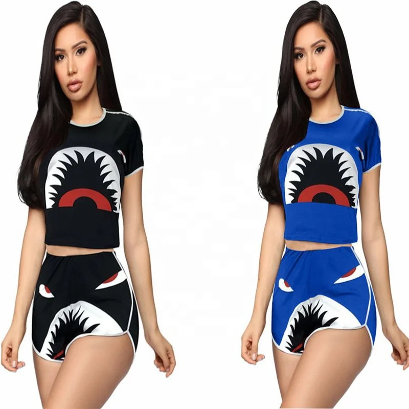 

For 2020 Summer Crop Tops printed shark Design women two piece set shorts Shorts Casual Outfit Tracksuit Sport Wear, Shorts sets 2020 for women